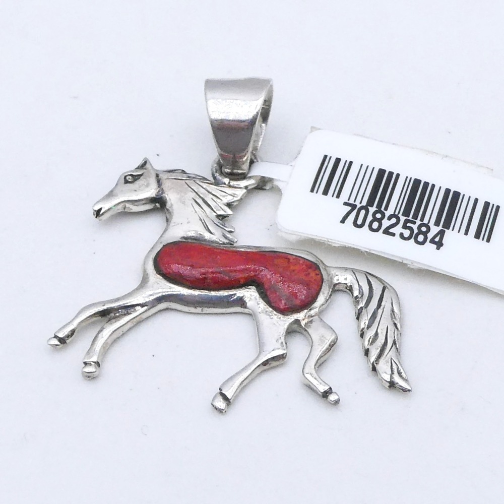 Turquoise Network Red Sponge Coral Horse Sterling Silver 925 Pendant Necklace